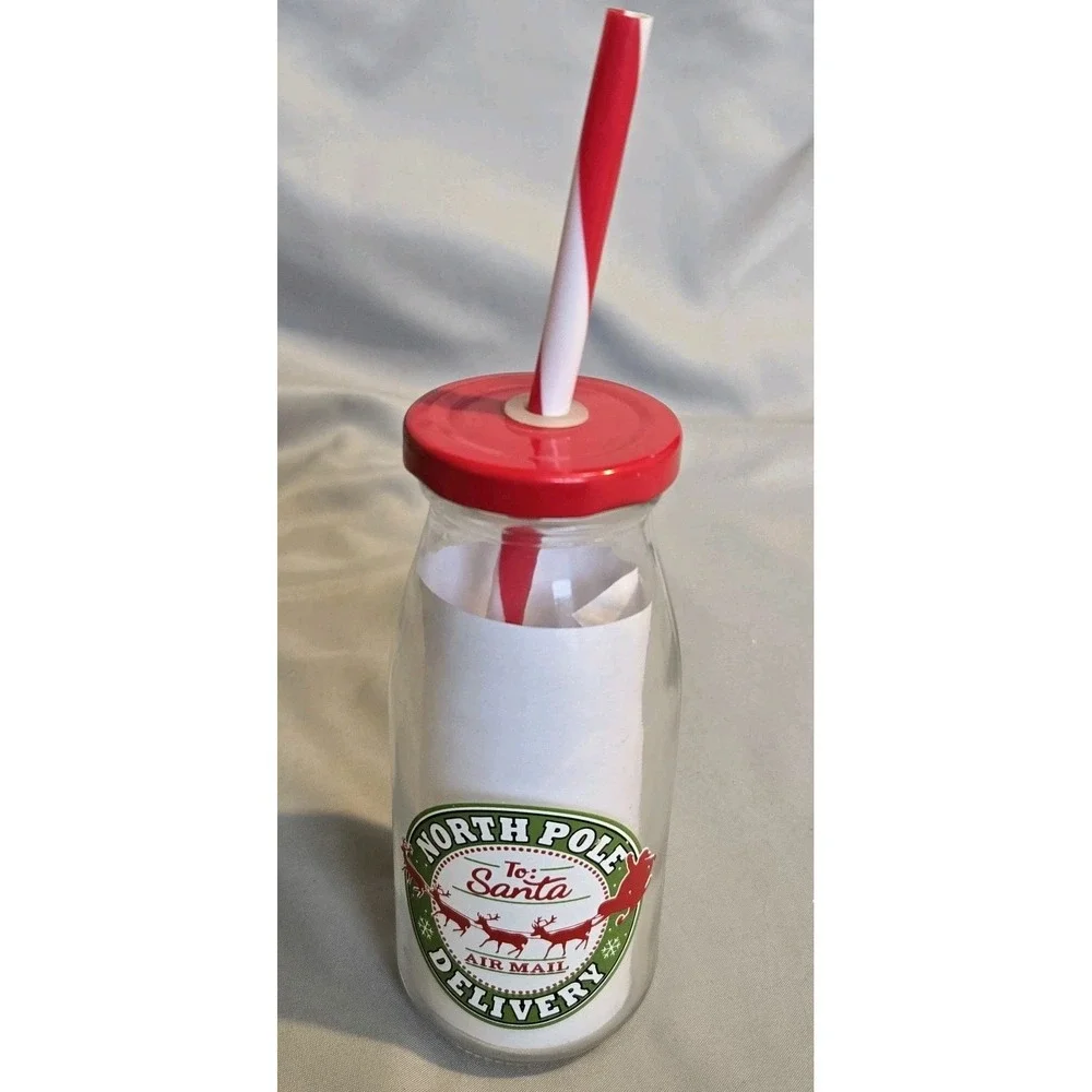 North Pole Delivery Santa Glass Milk Bottle Red Lid Straw Christmas Holiday